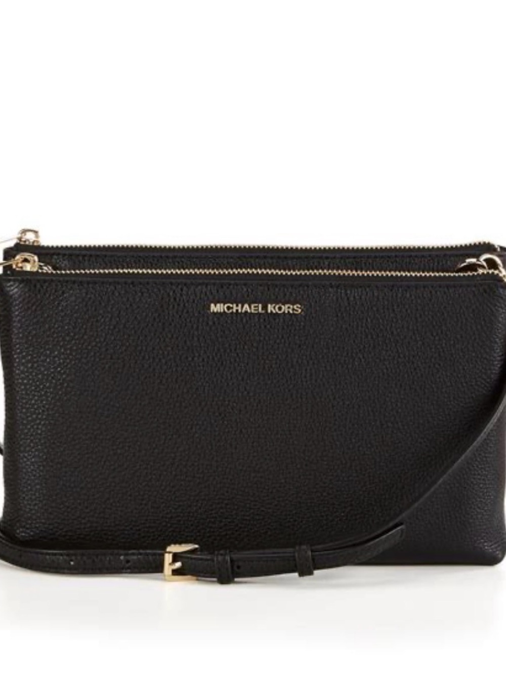 Michael Kors Black Pebbled Leather Double Zip Crossbody with Gold Hardware